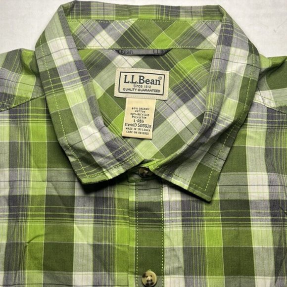 L.L. Bean Mens L Reg Organic Cotton&Recycled Polyester Green Plaid‎ Short Sleeve - Picture 1 of 4